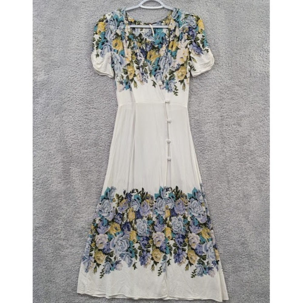 Free People Midi Dress Women's XS White Floral Puff Sleeve‎ Button Cottagecore
